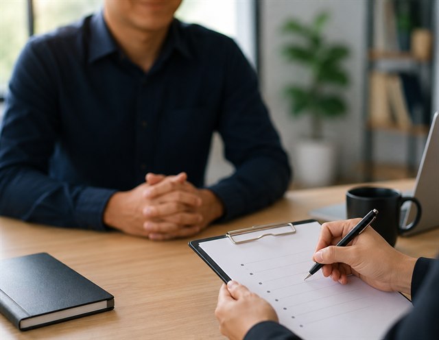 An analyst reviewing a candidate across a desk during a verification interview.