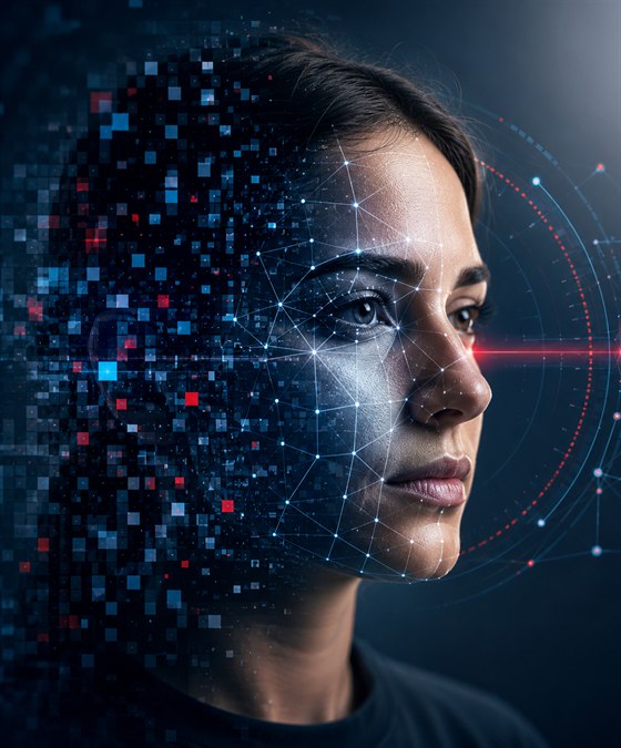 Digital facial-recognition mesh over a person's face with a security checkmark - technology-assisted identity verification.