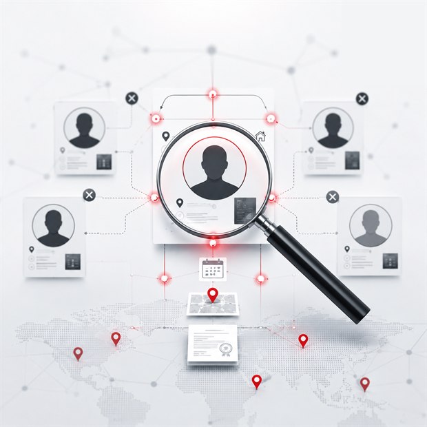 A magnifier focused on one profile within a connected web of people, documents and locations on a world map.