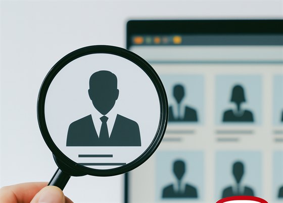 A magnifier examining professional profiles on a screen.