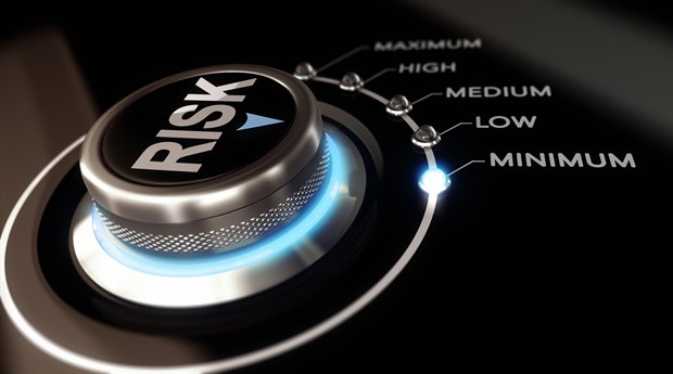 A dial labelled MINIMUM, LOW, MEDIUM, HIGH and MAXIMUM, pointing to a risk rating.